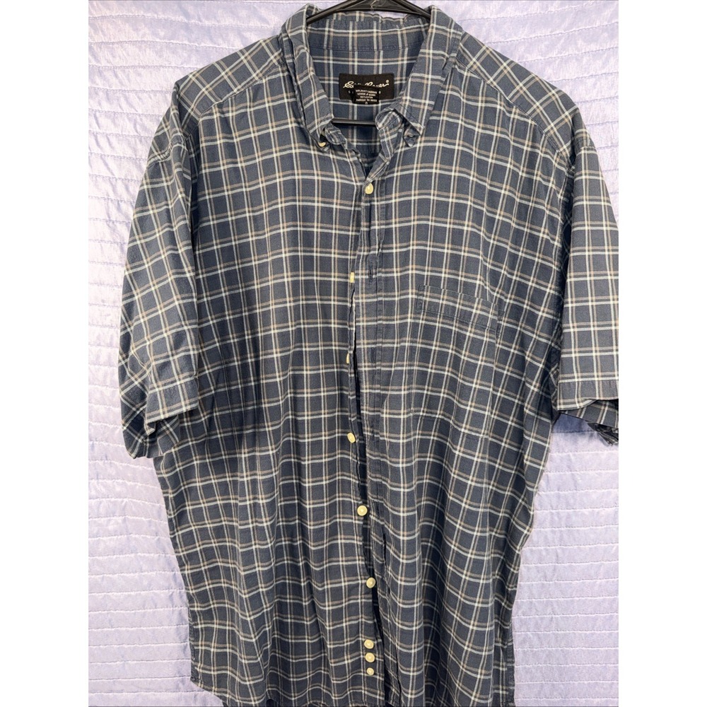 Eddie Bauer Mens Button Down Shirt Size L Blue Plaid Short Sleeve Cotton